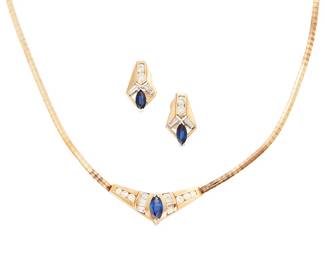 200
A Set Of Sapphire And Diamond Jewelry
Comprising a necklace and a pair of earrings. The necklace includes one marquise-shaped sapphire weighing approximately .79 carat, accented by 8 baguette-cut and 6 round brilliant-cut diamonds weighing a total of approximately 0.98 carat. The earrings feature two marquise-shaped sapphires accented with 4 baguette-cut and 4 round brilliant cut diamonds weighing a total of approximately .80 carat, set in 18K gold.
3 pieces
22.63 grams
Earrings: 4/5" L x 1/2" W; Chain length: 18" L
Estimate: $500 - $700