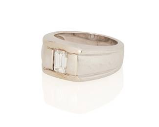 92
A Diamond Ring
Centering an emerald-cut diamond measuring approximately 6.99 x 4.44 x 3.30 mm and weighing approximately .90 carat, set in 14K white gold.
13.1 grams
Size: 9.5
Estimate: $2,000 - $3,000