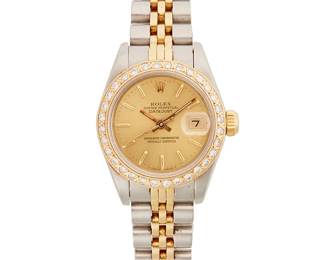123
Lady's Datejust Wristwatch, Rolex
Ref: 16613
Serial: 69175
Dial: Champagne dial with gilt baton hour markers with date aperture. Yellow 14K gold bezel set with 32 round cut diamonds
Movement: Automatic movement cal. 2135.
Case: 28 mm, Stainless steel
Bracelet: bi-metal Jubilee bracelet with Oysterclasp, 6 3/4" Dia.
Estimate: $2,000 - $3,000