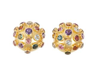 24
A Pair Of Gold And Multi-Gemstone Earrings, H Stern
The earrings feature bezel set circular-cut tourmalines, aquamarines, and citrines measuring 3.3 mm on average and totaling approximately 5.44 carats, set in 18K gold, marked H for H Stern. Accompanied by the original H. Stern box.
2 pieces
7.8 grams
5/8" dia.
Estimate: $1,200 - $1,800