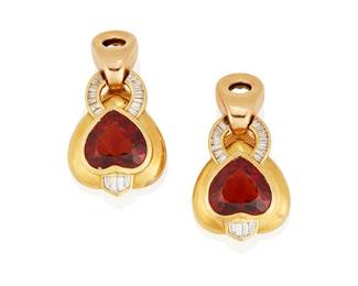 179
A Pair Of Citrine And Diamond, Earrings, H. Stern
The earrings feature heart-shaped citrines weighing approximately 7.05 carats each, accented with tapered baguette-shaped diamonds weighing approximately 0.90 carat, marked S for H. Stern, in 18K gold.
2 pieces
27.41 grams
2" L x 7/8" W
Estimate: $1,500 - $2,500