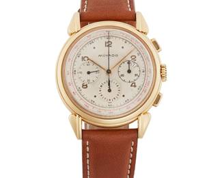 133
A Gold Chronograph Wristwatch, Movado
Ref: 9029
Dial: White dial with three sub-dials, applied gold Arabic and dot hour markers, black and red outer, displays hour, minute, seconds and chrono function
Movement: Jeweled manual stem wind and set movement, two button chronograph function for hour, minute, seconds and chrono functions, Cal: CML: 90, singed Movado
Case: 35 mm, 18K gold stylized case with tear-drop lugs, triple hallmarked to interior 18K, #496767, Ref: 9029
Strap: 8 3/4" L
53.0 grams
1940s
Estimate: $2,000 - $3,000