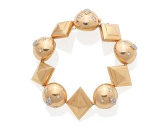 182
A Diamond And Gold Bracelet, Demner
Set with 40 single-cut diamonds weighing approximately 1.20 carats, in 18K gold, with French import marks.
58.84 grams
8" L
Estimate: $3,000 - $5,000