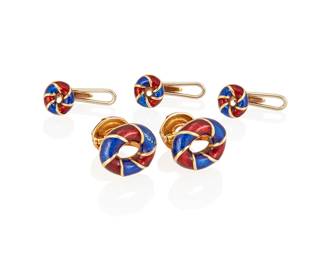 6
An Enamel And Gold Dress Set, David Webb
The dress set comprising a pair of double sided cufflinks and three studs in red and blue enamel over 18K gold, signed David Webb.
5 pieces
19 grams
Cuff links: 3/4" L x 1/2" W; Studs: 7/16" L x 1/4" W
Estimate: $800 - $1,200