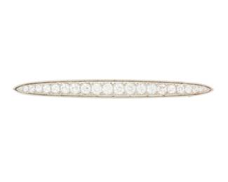 68
A Diamond Bar And Platinum Pin, Ferdinand Hotz
Designed as a bar pin set with 22 transitional-cut diamonds weighing a total of approximately 1.80 carats, in platinum, completed with 14K white gold pin, signed F. Hotz, for Ferdinand Hotz, circa 1920.
10 grams
1/4" H x 3" L
Estimate: $1,500 - $2,000