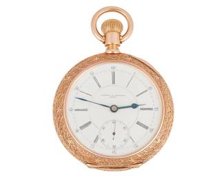 129
A Pocket Watch, Vacheron & Constantin
Ref: 62504 197, 14K gold, open face
Dial: White dial with Roman numerals, feuille hands and double sunk secondary seconds register.
Movement: Jeweled mechanical movement number 279129, bi-metallic screw set balance, crown wind and set, exhibition movement cover with replacement plastic, signed Vacheron & Constantin
Case: 53 mm, 14K gold, decorative scroll motif engraving
111.4 grams
Estimate: $1,800 - $2,000