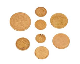 227
Eight Gold Coins (U.S. And Canada)
3 US $1 Gold Coins (1853 w/drilled hole, 1854, 1856), 5.0 grams
2 US $2.50 Gold Coins (1847, 1903), 8.3 grams
1 US $5 Gold Coin (1837), 8.4 grams
1 Canadian $5 Gold Coin (1912), 8.3 grams
1 US $10 Gold Coin (1881), 16.7 grams
8 pieces
Estimate: $1,500 - $2,500