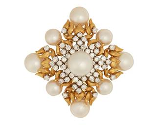 33
A Diamond And Cultured Pearl Pendant/Brooch
Centering a cultured pearl measuring approximately 12.20 mm, surrounded by 52 round brilliant-cut diamonds weighing a total of approximately 2.75 carats, further enhanced by eight cultured pearls ranging in size from approximately 9.62 mm to 8.21 mm, set in 18K gold and platinum, with a removable pendant mechanism.
35.70 grams
2 1/4" H x 2 1/4" W
Estimate: $1,500 - $2,000