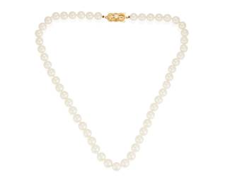 40
A Cultured Pearl Necklace, Mikimoto
Strung with 52 cultured pearls ranging from 7.5 to 7.1 mm, culminating in cultured pearl and 18K gold clasp, signed Mikimoto
29.8 grams
16" L
Estimate: $1,500 - $2,000