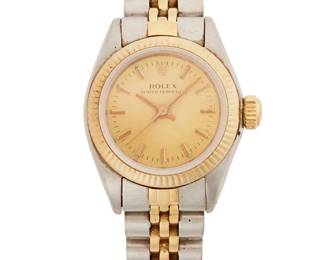 131
A Ladies Oyster Perpetual Wristwatch, Rolex
Ref: 6719
Serial: 7346257
Dial: White with dart and dot markers, tapered hands
Movement: champagne satin dial with gold-tone luminous hands and index hour markers, minutes outer rim
Case: 25mm, stainless steel
Bracelet: 18K gold Jubilee bracelet band, 7 1/4" L
Accompanied with papers, extra bracelet link, and Rolex box
Estimate: $800 - $1,200