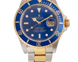 139
A Submariner Wristwatch, Rolex
Ref: 11613
Serial: L741293
Dial: blue sunburst dial, gold Mercedes hands
Movement: Rolex cal. 3135, self-winding, 31 jewels
Case: 40 mm stainless steel, 18K gold bezel
Bracelet: Rolex Oyster band, stainless steel/18k yellow gold, 8 1/4" Dia.
Signed: dial, case, movement, bracelet.
Includes Rolex chronometer certification, Rolex service card (01/07/2017) and Rolex hang tags and box.
Estimate: $8,000 - $10,000