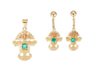 110
A Pair Of Gold And Emerald Earrings And Pendant
The earrings set with two circular-cut emeralds weighing .28 carat and the pendant set with a rectangular-cut emerald weighing .25 carat, set in 18K gold.
3 pieces
3.2 grams
Earrings: 1 1/2" L x 3/4" W; Pendant: 1" L x 3/4" W
Estimate: $600 - $800