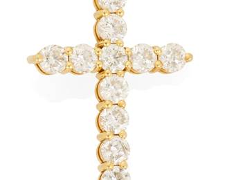 149
A Diamond Cross Pendant, Jason Of Beverly Hills
Set with 11 round brilliant-cut diamonds weighing approximately 2.50 carats, in 18K gold, stamped 18K, engraved JBH
5.2 grams
1 1/4" H X 4/5" W
Estimate: $1,500 - $2,000