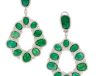 51
A Pair Of Emerald And Diamond Ear Pendants
The earrings topped with rose-cut emeralds, each measuring approximately 14 x 7.5 mm (partially closed backing), surrounded by a total of twenty rose-cut emeralds, each measuring approximately 11.0 x 8.7 x 2.79 mm to 8.2 x 6.1 x 3.4 mm, and surrounded by a total of 530 micro pavé-set diamonds weighing approximately 2.25 carats and 42 round brilliant-cut diamonds weighing approximately 3.25 carats, set in 18K white gold.
2 pieces
28.6 grams
2 3/4" L x 2 1/2" W
Estimate: $5,000 - $7,000