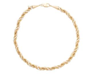 154
A Cultured Pearl And Gold Necklace
The necklace is designed as a twisted rope intertwined with a strand of cultured pearls measuring approximately 3.3 mm, in 14K gold.
81.14 grams
16" L
Estimate: $2,000 - $3,000