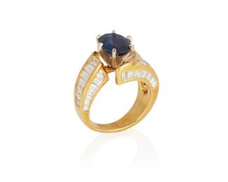 215
A Sapphire, Diamond And Gold Ring
Centering an oval-shaped sapphire measuring approximately 10.24 x 7.54 x 5.90 mm and weighing approximately 3.64 carats, highlighted with 49 baguette-cut diamonds weighing approximately 2.25 carats, further accented by 21 round brilliant-cut diamonds weighing approximately .90 carat, in 18K gold.
11.30 grams
Size: 6.75
Estimate: $1,000 - $1,500
