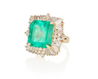 38
An Emerald Ring
Centering a rectangular-cut emerald measuring approximately 16.06 x 14.85 x 11.07 mm. and weighing approximately 19.00 carats, within a frame of 24 round brilliant and tapered baguette-cut diamonds weighing approximately 1.00 carat, set in yellow and white gold.

Accompanied by AGL report number 1134020 stating that the emerald is of Colombian origin, with minor to moderate modern clarity enhancement.
21.9 grams
Size: 7.5
Estimate: $10,000 - $15,00038
An Emerald Ring
Centering a rectangular-cut emerald measuring approximately 16.06 x 14.85 x 11.07 mm. and weighing approximately 19.00 carats, within a frame of 24 round brilliant and tapered baguette-cut diamonds weighing approximately 1.00 carat, set in yellow and white gold.

Accompanied by AGL report number 1134020 stating that the emerald is of Colombian origin, with minor to moderate modern clarity enhancement.
21.9 grams
Size: 7.5
Estimate: $10,000 - $15,000