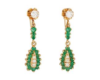 75
A Pair Of Emerald, Diamond And Gold Earrings
Set with 32 circular-cut emeralds weighing approximately 2.00 carats, accented by 80 round brilliant-cut diamonds weighing approximately 0.80 carat, set in 14K gold.
2 pieces
6.96 grams
1 1/2" L x 1/4" W
Estimate: $500 - $700