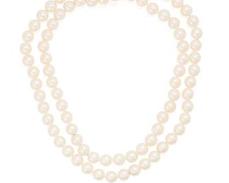 157
A Cultured Pearl Necklace
Comprised of 85 cultured pearls ranging in size from 9.44 mm to 9.82 mm, completed by a concealed clasp.
112.34 grams
33" L
Estimate: $1,500 - $2,000