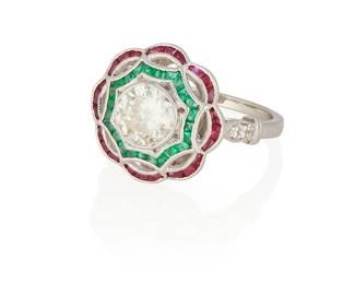 78
A Diamond, Ruby, Emerald And Gold Ring
The ring centers one round brilliant-cut diamond weighing 1.10 carats, framed by Swiss-cut, channel set emeralds, further surrounded with Swiss-cut, channel set rubies, in 18K white gold.
5.22 grams
Size 7
Estimate: $1,500 - $2,000