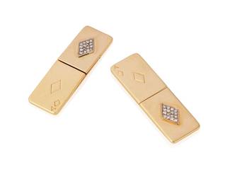 9
A Pair Of Diamond And Gold Cufflinks, Asprey
The double sided cufflinks are designed as the ace of diamonds playing card, set with 32 round brilliant-cut diamonds weighing approximately .16 carat, in 8K gold, stamped with a hallmark for Asprey & Co.
2 pieces
22.80 grams
Each side: 3/4" L x 3/8" W
Estimate: $600 - $800