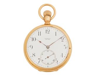 124
Open Face Gold Filled Pocket Watch, Tiffany & Co.
Ref: 101371, gold-filled
Dial: White dial with Breguet numerals, dauphine hands, sunk secondary seconds register
Movement: Jeweled mechanical movement number 101371, bi-metallic screw set balance, shock absorber, crown set and wind, signed Tiffany & Co. New York
Case: 46 mm, Gold filled, case back monogrammed
83.9 grams
Estimate: $700 - $900