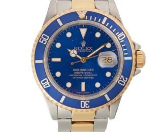 138
A Submariner Wristwatch, Rolex
Ref: 16613
Serial number: L257250
Dial: blue sunburst dial, gold Mercedes hands
Movement: Rolex cal. 3135, self-winding, 31 jewels
Case: 40 mm stainless, bezel 18K gold
Bracelet: Rolex Oyster band, stainless steel/18K gold, 8 1/2" L
Estimate: $4,000 - $6,000