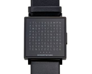 135
A Biegert & Funk QLOCKTWO Digital Wristwatch
Dial: Square dial with 110 letters to indicate time in (English) written form, changes in minute increments, signed: Biegert & Funk
Movement: Digital LED with 114 luminating units (not examined)
Case: Dark anodized stainless steel square, signed: B&F / Biegert & Funk / QLOCKTWO / W / Germany, with black stock wrist strap and clasp
43mm x 35mm
Estimate: $500 - $700