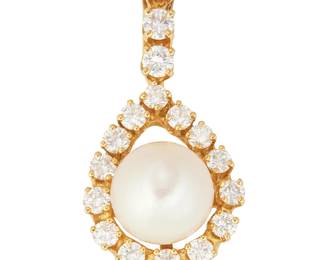 94
A Cultured Pearl And Diamond Pendant
Centering a cultured pearl measuring approximately 8 mm, surrounded by 17 round brilliant-cut diamonds weighing approximately .40 carat, set in 18K.
3.43 grams
3/4" L x 1/4" W
Estimate: $1,000 - $1,500