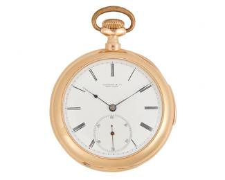 127
A Repeater Pocket Watch, Tiffany & Co
Ref: 17536, 18K gold open face repeater
Dial: White dial with Roman numerals, feuille hands and sunk secondary seconds register.
Movement: Jeweled mechanical movement number 17536, bi-metallic screw set balance, crown wind and set, signed Tiffany & Co. New York
Case: 48 mm, 18K gold, with slide activator for repeater function, case back with monogram
89.7 grams
Estimate: $2,000 - $3,000