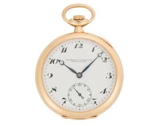 125
A Pocket Watch, Vacheron Constantin
Ref: 206707, 18K gold open face
Dial: White dial with Breguet numerals, moon hands and sunk secondary seconds register.
Movement: 21 jewel mechanical movement number 17536, bi-metallic screw set balance, crown wind and set, signed Vacheron & Constantin
Case: 45 mm, 18K gold, case back with small monogram
59.9 grams
Estimate: $1,200 - $1,800