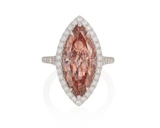 63
A Fancy Intense Orangy Pink Diamond Ring
Set with a marquise-shaped fancy intense orangy pink diamond measuring 19.73 x 8.83 x 4.93 mm and weighing 5.43 carats, enhanced by 70 full and single-cut diamonds weighing approximately .66 carat, in platinum.

With GIA report number 2185225177 stating that the marquise-shaped diamond is Fancy Intense Orangy Pink, Natural Color, I1 Clarity
6.15 grams
Size: 6.5
Estimate: $350,000 - $550,000