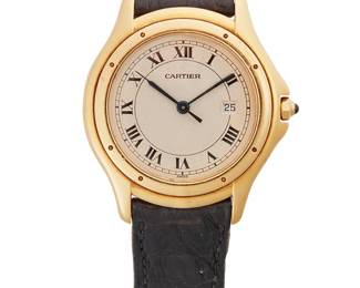 118
A Lady's Cougar Wrist Watch, Cartier
Ref: 116000 R
Dial: White with Roman numerals, secret signature at 7 o'clock, date aperture at 3 o'clock, signed Cartier
Movement: Quartz
Case: 32 mm. 18K gold case, 8 screw back, smooth bezel, case number 001197,
Strap/buckle: stamped Cartier Paris with gold plated Cartier buckle, 8 3/4" L
42.7 grams
Estimate: $2,000 - $3,000