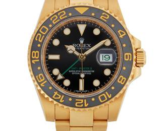 141
A Rolex GMT-Master II Gold Wristwatch
Dial: Circular black dial, date aperture, luminous dot hour markers, Luminous hands, Green ascent arrow hand for 2nd time-zone, signed: Rolex / Oyster Perpetural / GMT-Master II (in green) / Superlative / Chronometer / Officially Certified
Movement: Jeweled automatic movement (not examined)
Case/Bracelet: 18k yellow gold case and bracelet, 24 hour rotating black bezel in black, ref: 116718LN, serial: OE9365P4, Hallmarked case and bracelet,
18k gold, black dial with luminous hour markers, ref: 116718LN, serial: 0E9365P4
Includes original Rolex certification card4
8mm x 41mm,
8.5" Dia.
Estimate: $15,000 - $20,000