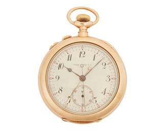 130
A Split Second Chronograph Pocket Watch, Vacheron & Constantin, Retailed By Oskamp, Nolting & Co.
Ref: 187160 274, 14K gold open face
Dial: White dial with Breguet numerals, feuille hands, red outer chapter for seconds recording and sunk secondary seconds register.
Movement: Jeweled mechanical movement number 187160, split bi-metallic screw set balance, crown wind and set, signed Vacheron & Constantin
Case: 18K gold, with slide activator to toggle between chronograph seconds and plunger starter.
106.5 grams
Case: 50 mm
Estimate: $1,500 - $2,000