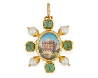 180
A Tourmaline And Cultured Pearl Miniature Painting Pendant/Brooch, Elizabeth Locke
The pendant/brooch features an Indian miniature hand-painted image, accented with 4 green sugarloaf tourmalines and 4 cultured pearls, crafted in 18K gold, marked L for Elizabeth Locke.
18.65 grams
1 1/2" H x 1 1/4" W
Estimate: $2,500 - $3,500