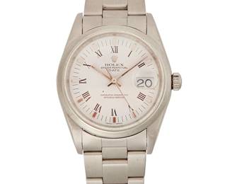 137
An Oyster Perpetual Date Wristwatch, Rolex
Ref: 15200
Serial P110832
Dial: White Roman numeral with hour, minute, second hands
Movement: Automatic
Case: 34 mm stainless steel, Tonneau shaped
Bracelet/Clasp: Stainless steel, 9" L
Estimate: $3,000 - $4,000