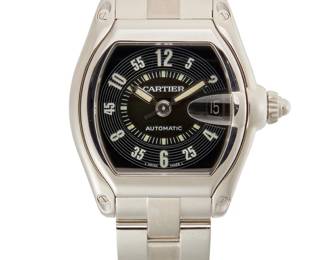 136
An Automatic "Roadster" Wristwatch With Date, Cartier
Ref: 2510
Serial 206497CE
Dial: Black concentric style with luminescent dart hands with alternating Arabic numerals for hours and minutes, date aperture at 3 o'clock.
Movement: Jeweled automatic movement (movement not examined)
Case: 38 mm, stainless steel tonneau shape case
Bracelet: Stainless steel with double deployant clasp, 9" L
Estimate: $1,500 - $2,000