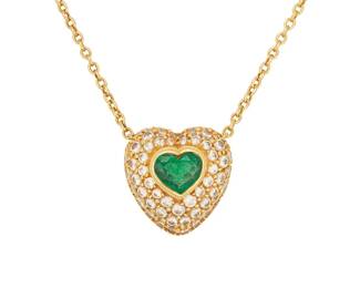 74
An Emerald, Diamond And Gold Pendant Necklace, Kurt Wayne
Set with a heart-shaped emerald measuring approximately 5.29 x 6.12 x 4.41 mm and weighing approximately .76 carat, surrounded by 64 round brilliant-cut diamonds weighing approximately .64 carat, in 18K gold, marked KW for Kurt Wayne.
7.44 grams
17" L
Estimate: $1,500 - $2,000