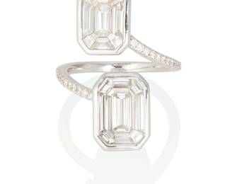 158
A Diamond Crossover Ring
Designed with 16 trapezoid-shaped and 2 emerald-cut diamonds together weighing 2.21 carats, and 20 round brilliant-cut diamonds weighing .15 carat, set in 18K white gold.
5.5 grams
Size: 6.25. Measurement: 1" L x 1/2" W
Estimate: $5,000 - $7,000