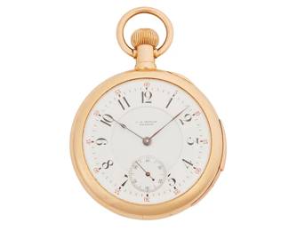 128
A Minute Repeating Pocket Watch, C.H. Meylan
Ref: 4584 117, 18K gold open face minute repeater
Dial: White dial with Arabic numerals, feuille hands and double sunk secondary seconds register.
Movement: Jeweled mechanical movement number 5403, split bi-metallic screw set balance, crown wind and set, signed C.H. Meylan
Case: 47 mm, 18K gold with slide activator for repeater function, case back with monogram
85.0 grams
Estimate: $2,000 - $3,000