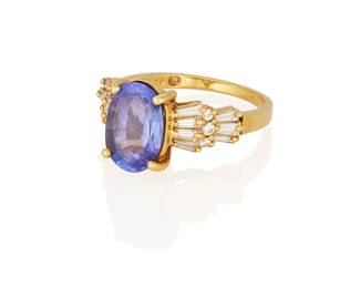 204
A Tanzanite, Diamond And Gold Ring
Centering an oval-shaped tanzanite measuring approximately 11.09 x 7.63 x 5.86 mm and weighing approximately 3.27 carats, flanked by 14 tapered baguette and 6 round brilliant-cut diamond diamonds weighing approximately .84 carat, set in 18K gold.
5.41 grams
Size: 6.5
Estimate: $600 - $800