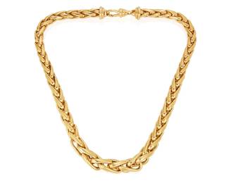 19
A Gold Necklace
Designed as a series of interlocking gold links, in 14K gold, marked Italy.
74.45 grams
18" L
Estimate: $2,000 - $3,000