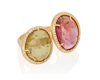 16
A Tourmaline And Diamond Ring
Featuring and oval-shaped pink tourmaline measuring approximately 15.4 x 12.0 x 3.4 mm and weighing approximately 3.95 carats, an oval-shaped green tourmaline measuring approximately 14.3 x 13.7 x 3.0 mm and weighing approximately 3.70 carats, further surrounded by 87 round brilliant-cut micro pave set diamonds weighing approximately .50 carat, set in 18K gold.
9.4 grams
Size: 7; 1/2" H x 1 1/4" W
Estimate: $800 - $1,200