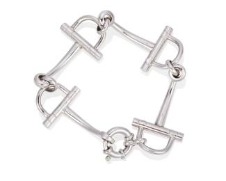 1
A Sterling Silver Bracelet, Hermes
Designed as a series of horsebit links, in sterling silver, signed Hermes.
53.86 grams
8" L
Estimate: $800 - $1,200