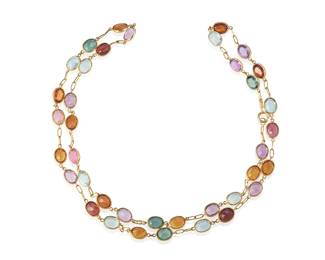17
A Multicolored Gemstone Necklace
Designed with 38 oval-shaped colored stones, including, amethyst, topaz, citrine, and tourmaline totaling approximately 60.80 carats, set in 18K gold.
27.92 grams
24" L
Estimate: $1,200 - $1,500