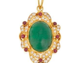 23
An Emerald, Diamond, Ruby And Gold Pendant
Centering an oval-shaped cabochon emerald measuring approximately 16.43 x 12.70 x 8.37 mm and weighing approximately 12.49 carats, surrounded by a foliate frame set with eight small cabochon rubies weighing approximately .80 carat, further highlighted with 32 round brilliant-cut diamonds weighing approximately .60 carat, in 18K gold.
8.78 grams
1 1/2" H x 3/4" W
Estimate: $1,000 - $1,500