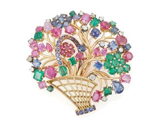 28
A Colored Stone, Diamond And Gold Brooch/Pendant
The brooch is designed as a basket of flowers set with rubies weighing a total of approximately 4.34 carats, emeralds weighing a total of approximately 2.09 carats, sapphires weighing a total of approximately 2.95 carats and diamonds weighing approximately .30 carat, set in 14K gold.
22.4 grams
2" H x 2" W
Estimate: $1,200 - $1,800