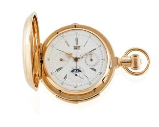 126
A Gold Repeating Pocket Watch, Le Coultre
Dial: Circular white porcelain dial with black Roman numeral hour markers, aperture for month, sunken sub-dials for day, date, and seconds with moon phase aperture
Movement: 30 jewel stem wind lever set chronograph, minute repeater and moon phase movement, signed under hammer: Le Coultre, bi-metallic balance, jeweled lever escapement,
Case: 56 mm, 18K gold hunter's case with side button for chronometer and slide for minute repeater functions, Swiss hallmarks, each inter lid marked: 18K 4772 and hallmark, personalized to interior lid: A. A. F. Smith Milwaukee Oct. 91, interior cuvet marked: No 4772 L.C. Grand Jean Locle, retailed by L. C. Grandjean Swiss made in Locle, No. #4772
182 grams
Estimate: $8,000 - $12,000