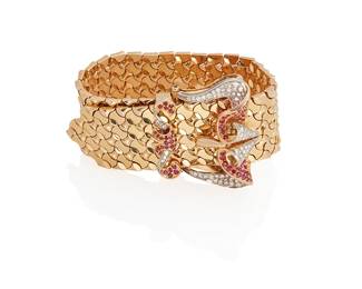 210
A Retro Diamond, Ruby And Gold Bracelet
The fancy link bracelet features an adjustable buckle style clasp set with single-cut diamonds weighing a total of approximately 1.65 carats, further highlighted by circular-cut rubies weighing a total of approximately 1.98 carats, in 18K gold with Italian hallmarks and French import marks.
158.51 grams
10 " L x 1" W
Estimate: $6,000 - $8,000